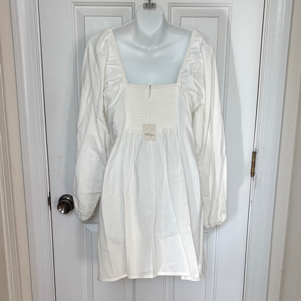 Free People White Long Sleeve Square Neck Mini Dress - Picture 2 of 4